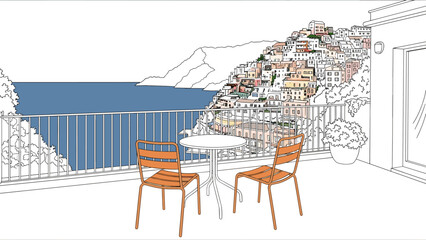 Fototapeta premium Coastal balcony with sea view and colorful hillside homes