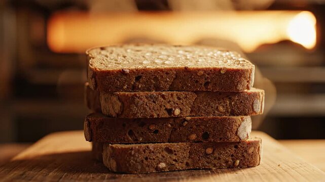 A stack of pumpernickel bread slices, neatly arranged on a wooden board with a warm, glowing background