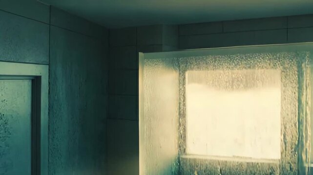 Wet glass surface showcasing water droplets and condensation, receiving morning sunlight through blurred window panes, creating an abstract and mysterious atmosphere with reflections and shadows