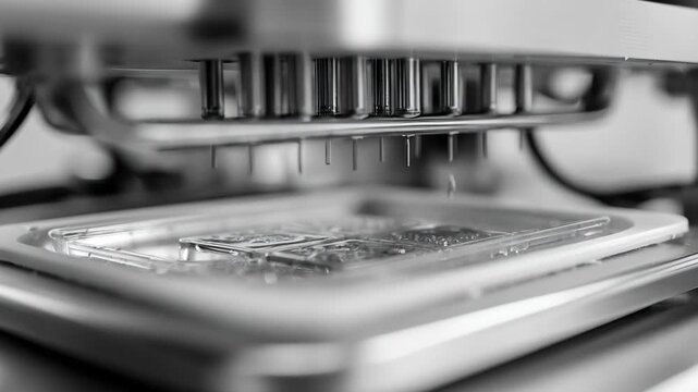 Medium shot highlighting the heating element close to a plastic tray before thermoforming with orthodontic models faintly visible and softly blurred behind.