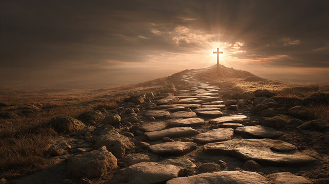 Sunlit Stone Path to a Cross on a Hilltop at Sunset