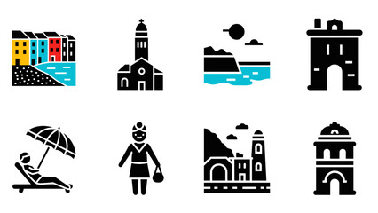 Minimalist travel icons set featuring european landmarks and scenic views