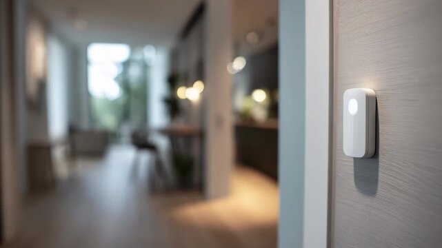 Medium shot of a discreet motion sensor mounted on a hallway wall highlighting its sleek design against a softly blurred background of a modern home interior.