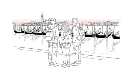 Obraz premium Linear art of travelers admiring venice skyline and gondolas at sunset