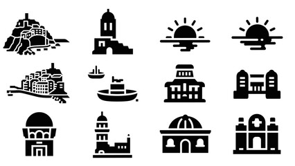 Minimalist travel icons: famous landmarks and seascapes in black silhouettes