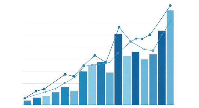 Blue and light blue bar and line graph showing upward trend isolated on a transparent background