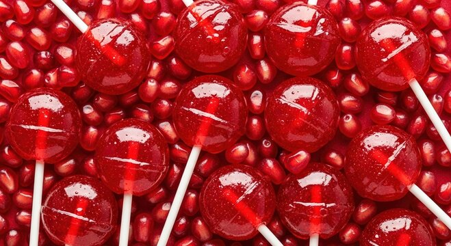 Red lollipops arranged on a bed of shiny red candy beads, featuring white sticks and glossy surfaces, creating a vibrant and colorful confectionery display