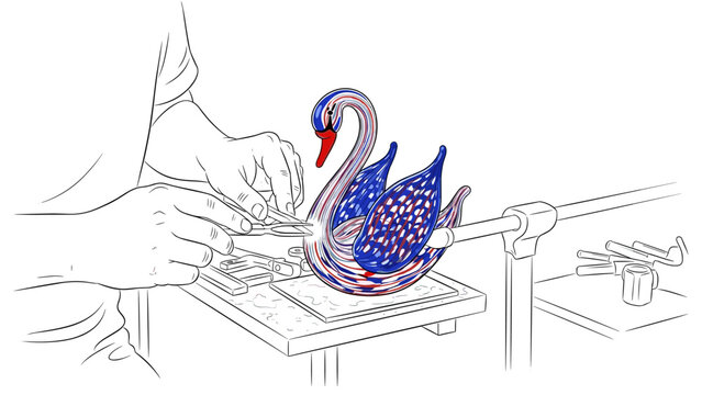 Crafting a glass swan: hands-on lampworking art with vibrant red and blue details