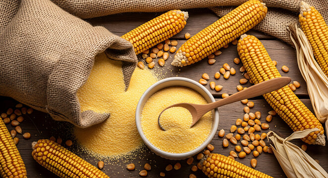 A top view of a bowl of corn flour surrounded by corncobs and grains on a wooden table with a sack nearby