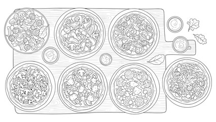 Line art of assorted salads on rustic wooden board