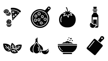 Fototapeta premium Italian cuisine elements: pizza, olive oil, tomato, basil, garlic, salad, cutting board