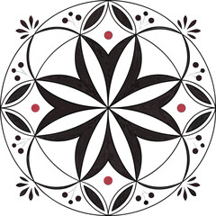 Fototapeta premium A detailed black and white geometric pattern with accents of red dots and floral details, creating a symmetrical design