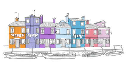 Naklejka premium Colorful row of houses with boats on waterfront in outline style