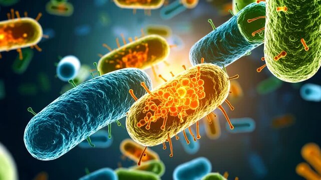 Microscopic view of rod shaped bacteria with flagella on dark blue background