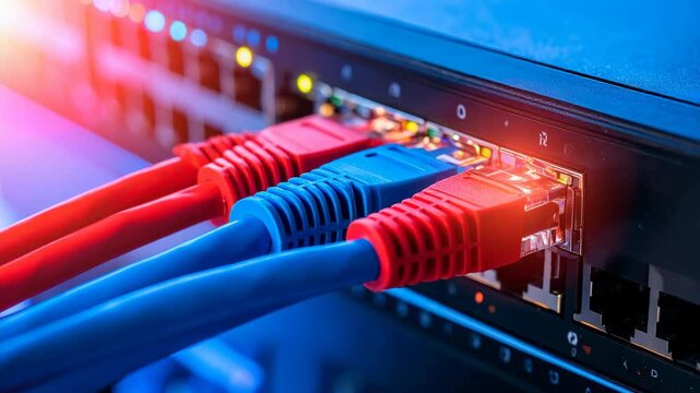 Close-up of red and blue ethernet cables plugged into a network switch with lights