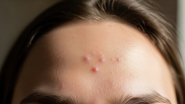 Close-up of young caucasian female's forehead with acne pimples and clear skin texture in natural light