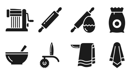 Obraz premium Silhouette kitchen tools collection featuring pasta maker and rolling pin icons
