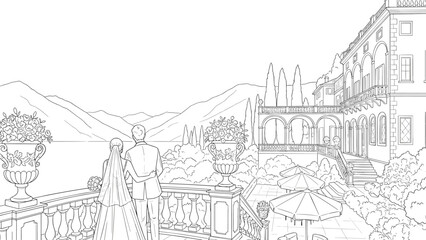 Obraz premium Elegant linear drawing of a romantic couple at a scenic italian villa overlooking mountains and lake