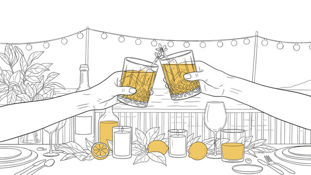 Celebration with drinks on outdoor patio with string lights