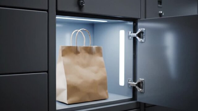 A person uses a smartphone displaying a QR code to unlock a smart delivery locker. The glowing sensor confirms access, and the locker door opens, revealing a paper bag. The user retrieves the item fr