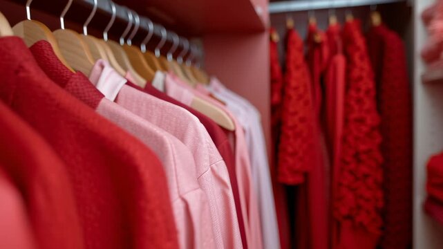 Discover a beautifully organized wardrobe filled with vibrant red clothing and accessories for the modern woman, showcasing elegance and boldness in fashion choices