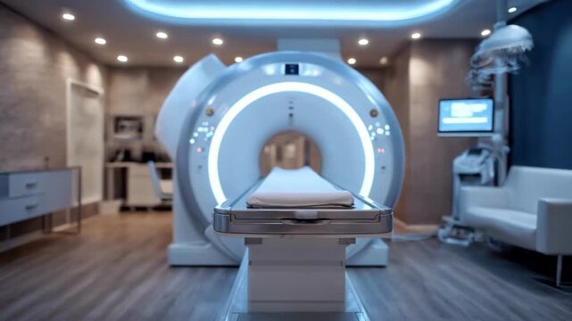 Medium shot of a pediatricfriendly MRI gantry with soft ambient lighting highlighting the patient table background equipment blurred for a calm medical environment.