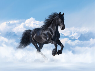 Fototapeta premium Powerful black horse running freely against blue sky