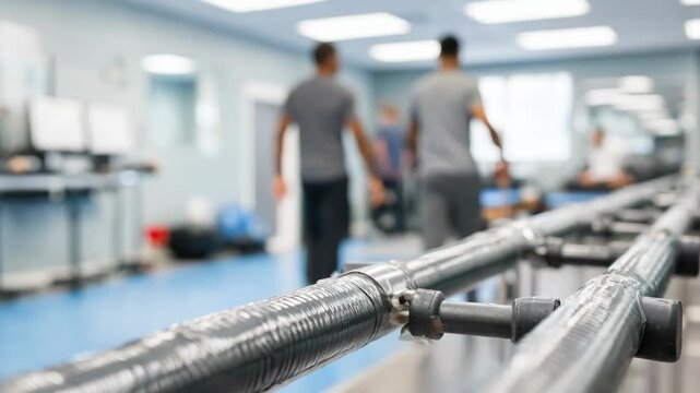 Medium shot of a rehabilitation gym featuring parallel bars for gait training with sharp focus on the bars and blurred background therapists guiding patients.