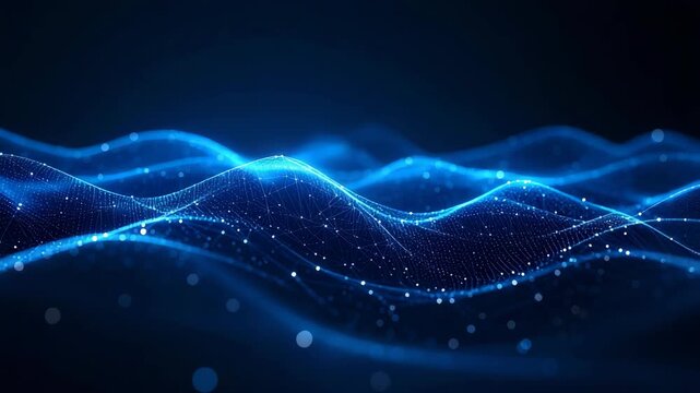Abstract blue digital wave patterns with glowing particles and bokeh
