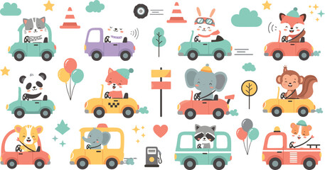 Cute animals driving cars vector set with panda, fox, elephant, lion, bear, balloons, traffic signs, and playful cartoon transportation characters