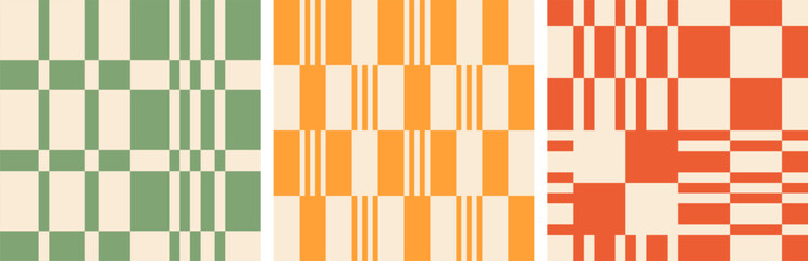 Set of retro colored checkerboard seamless pattern. Fun colored vintage wool plaid background for cover, notebook, packaging