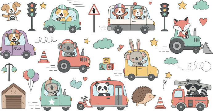 Cute animals driving cars vector set with dogs, cats, rabbits, foxes, traffic lights, road signs, and playful cartoon transportation characters