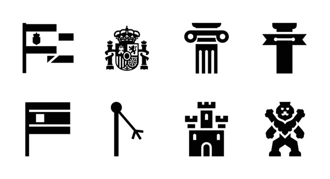Simple monochrome spanish symbols featuring crown, columns, and castles