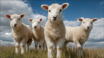 Fototapeta premium 青空の下の草原に佇む可愛い子羊 牧歌的な風景と動物の癒やしイメージ