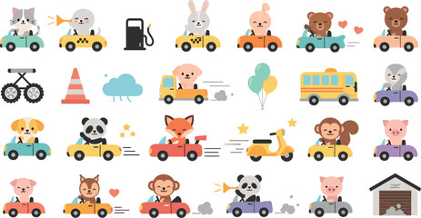 Cute animals driving cars vector set with panda, fox, bear, rabbit, pig, traffic signs, balloons, and playful cartoon transportation characters © Sanjida