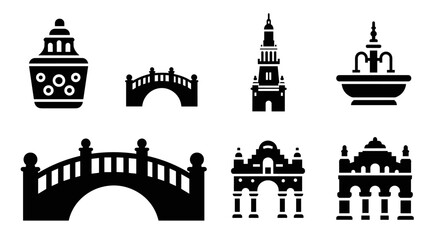Naklejka premium Silhouette icons of historic monuments and bridges