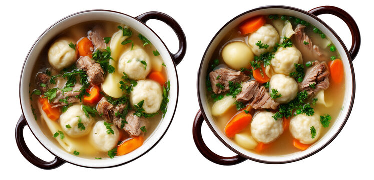Hot meat pork soup with vegetables and doughboys dumplings in wooden bowl, isolated on white background, New Zealand cuisine