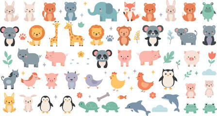 Obraz premium Cute baby animals vector set with lion, elephant, giraffe, bear, pig, penguin, turtle, dolphin, and adorable cartoon wildlife characters