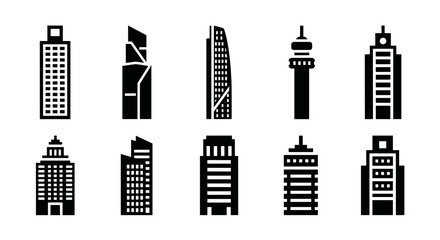 Silhouette icons of modern city skyscrapers and towers