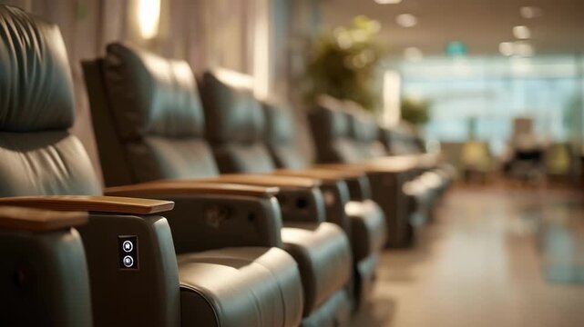 Medium shot capturing a linear row of recliners with illuminated call buttons in clear view while the waiting area behind remains softly blurred.