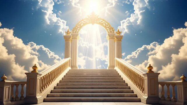 Ornate golden archway and marble stairs leading to bright heavens with clouds and sunbeams