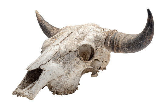 Buffalo Skull with Curved Horns, Weathered Bone, Stark Studio Lighting Isolated on Transparent Background
