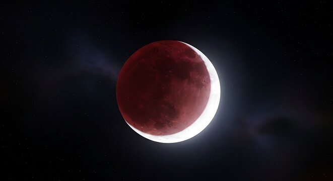 Lunar eclipse in space with red moon