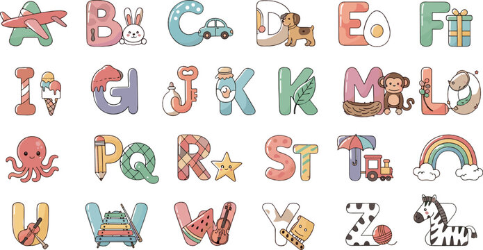 Cute illustrated alphabet vector set with playful letters, animals, objects, rainbows, and fun educational characters for kids learning