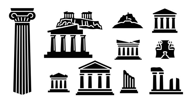 Iconic ancient greek landmarks: silhouettes of temples and columns