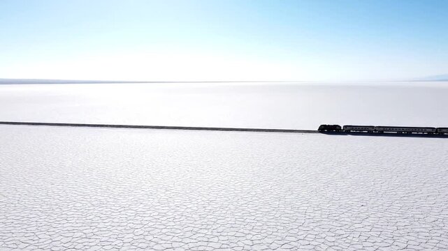 A black freight train travels across a vast, stark white salt flat under a bright blue sky. The wide shot captures the train moving along the horizon line across the cracked, desolate landscape.