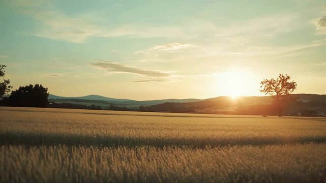 Golden sun rays breaking over a expansive rural landscape, showing a ripening grain field swaying gently in the warm light with distant hills under a soft blue sky