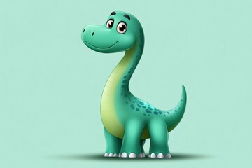 Fototapeta premium Cute cartoon green sauropod dinosaur character smiling