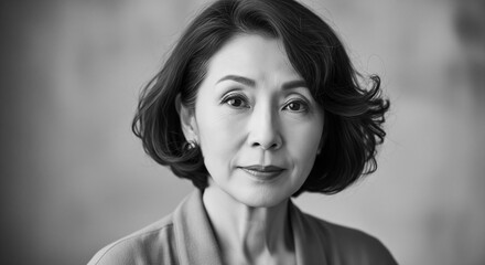 Obraz premium 落ち着いた表情と知的な雰囲気が漂う、緩めパーマが似合う60代日本人女性のモノクロポートレート