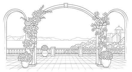 Obraz premium Scenic architectural drawing of a mediterranean balcony with floral arches and sea view
